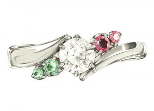 SAIJOのデザイナーが描いたブローチのデザイン画【プラチナ、ダイヤモンド、エメラルドルビー】