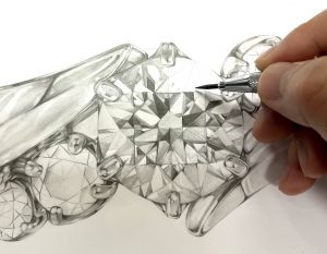 SAIJOのデザイナーが描いたブローチのデザイン画【プラチナ、ダイヤモンド、エメラルドルビー】